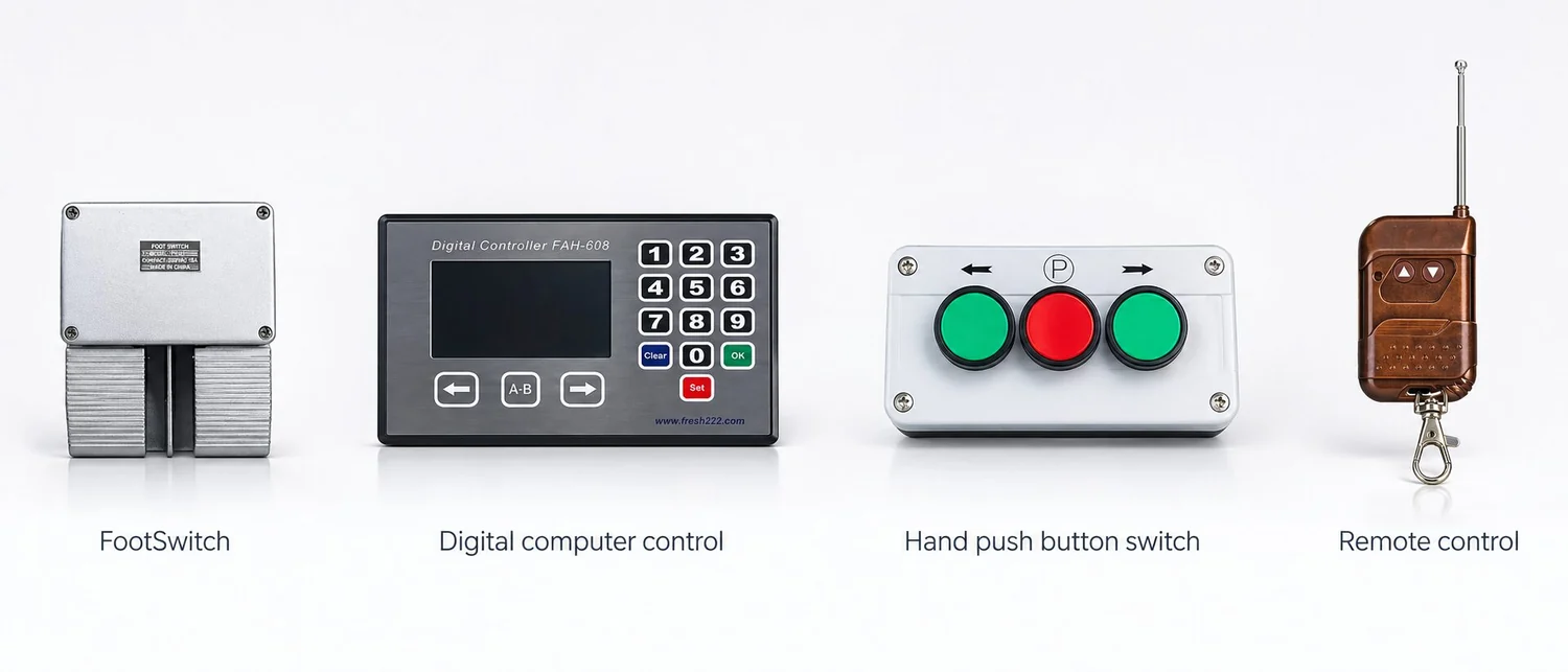 Coat check conveyor controls including foot switch, digital controller, push-button panel and remote control