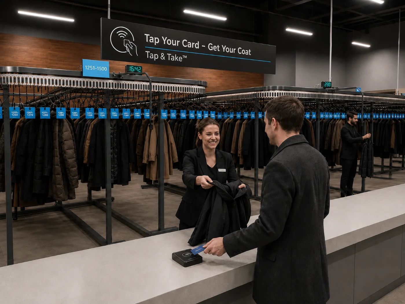Guest receiving a coat from the Tap and Take automated coat check system